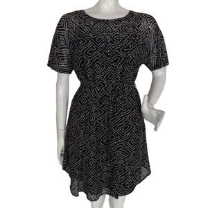 LOFT Dress, S, Black/White Geo print, 2 piece/Slip, Sash Belt, Short Sleeves